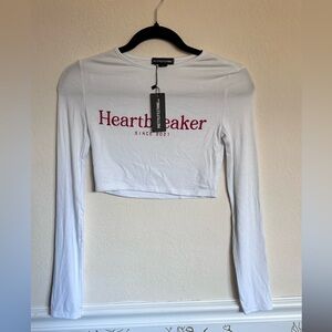 Pretty little thing white red heartbreaker cropped ribbedlong sleeve tee top NWT